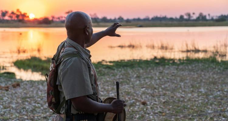 At sunset, a safari guide gestures toward a glowing river as the sky turns orange.