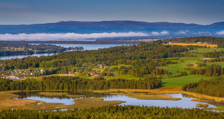 Golvend landschap van velden, bossen en kleine meren bij Östersund met lage ochtendmist.