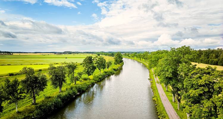 Gerader ländlicher Kanal, gesäumt von üppig grünen Feldern und einem baumgesäumten Weg unter hellem Himmel.