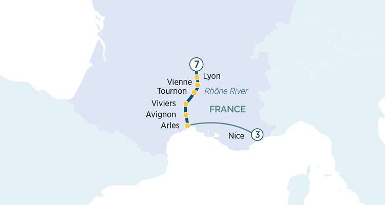 Carte simple décrivant une croisière entre Lyon et Nice le long du Rhône.