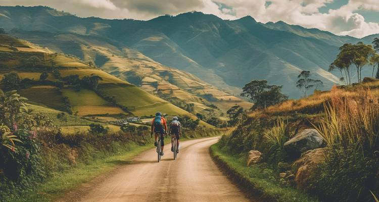 Dos ciclistas recorren un sendero serpenteante de tierra entre las dramáticas estribaciones andinas bajo nubes ondulantes.