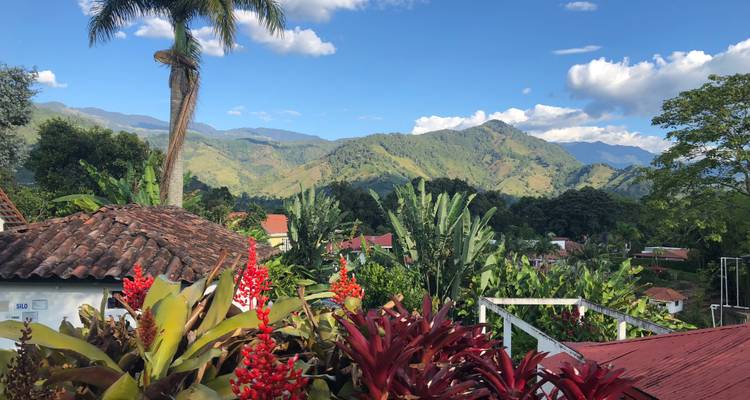 Exuberante pueblo tropical con flores vibrantes, techos de tejas y montañas de fondo bajo cielos despejados.