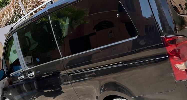 Side view of a black passenger van parked on a street beside an ornate gate.