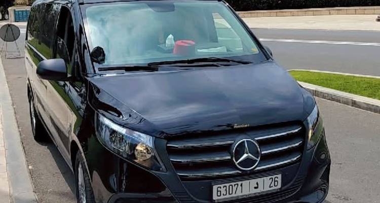 Close view of a shiny black Mercedes van parked along a curb in daylight.