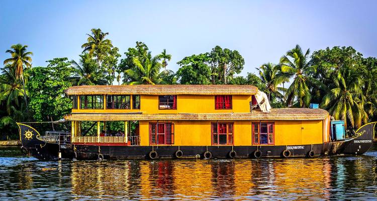 Péniche traditionnelle jaune vif naviguant doucement sur les backwaters bordés de palmiers du Kerala