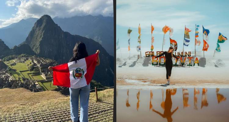 Image divisée montrant un voyageur avec un drapeau péruvien au Machu Picchu et les salines réfléchissantes d'Uyuni avec des panneaux de bienvenue.