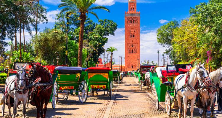 Colorful horse-drawn carriages line a palm-fringed avenue leading toward the red Koutoubia minaret against a bright blue sky.