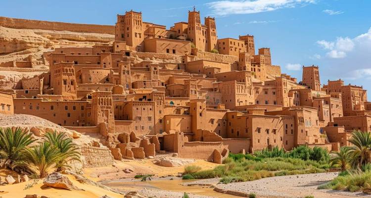 Pueblo fortaleza de adobe icónico de Ait Benhaddou con cielo azul e hillside desértico de fondo.