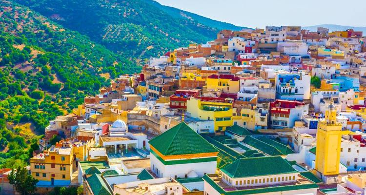 Pueblo marroquí de ladera colorida con techo de mezquita de azulejos verdes que da vista a un exuberante valle.