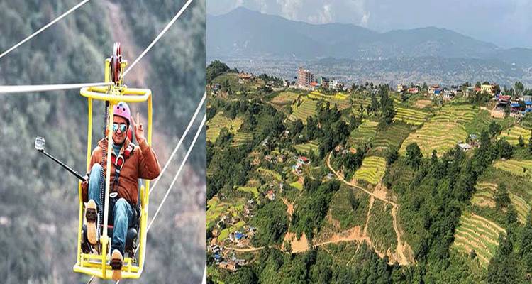 Collage showing a man riding an aerial cycle zipline and panoramic terraced hills.