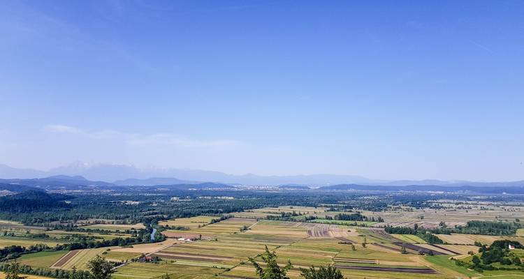 Expansive view over Slovenian farmlands and patchwork fields with hazy Julian Alps on the horizon under clear blue.