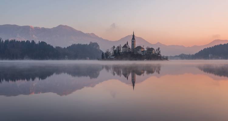 Lake Bled mirrors its island church and surrounding mountains in still dawn water under a pastel sunrise.