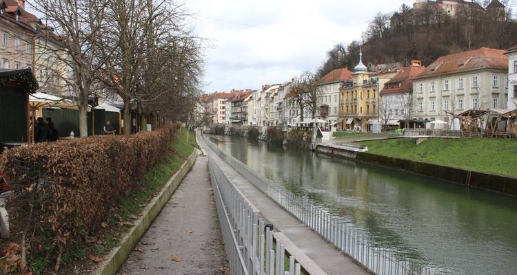 A quiet riverside promenade lined with historic facades and bare winter trees reflects in Ljubljana’s canal.