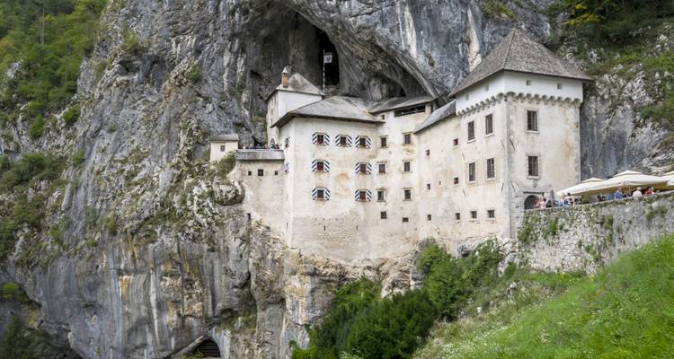 Predjama Castle dramatically built into a towering limestone cliff, surrounded by lush forest greenery.