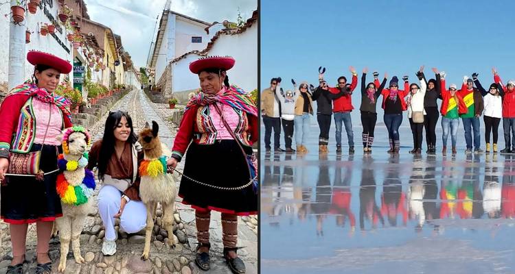 Geteilte Collage: links zeigt Tourist mit Einheimischen und Lama in gepflasterter Andenstraße; rechts zeigt jubelnde Gruppe auf reflektierender Salar de Uyuni.