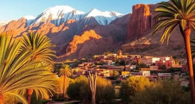 La luz dorada golpea acantilados rojos y un pueblo bajo picos nevados del Atlas y palmeras.