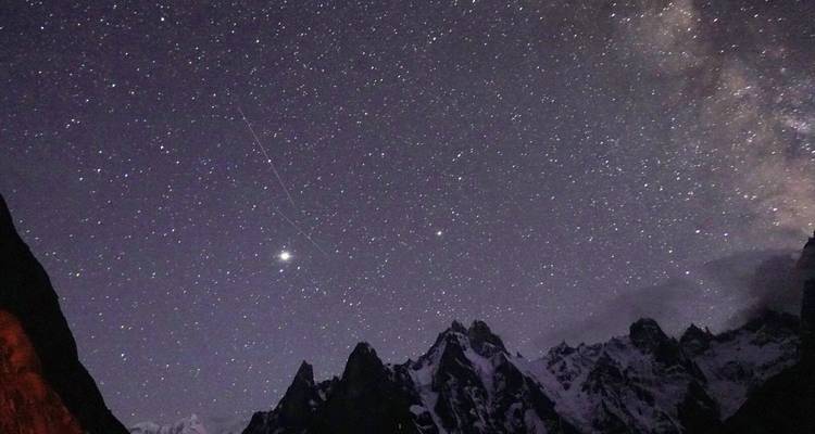 Kristalheldere nachtelijke hemel gevuld met talloze sterren en de Melkweg boven grillige met sneeuw bedekte bergtoppen.