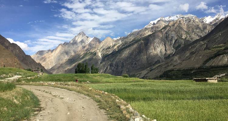 Grindenweg die langs groene velden slingert naar een dramatische, grillige bergketen onder een gedeeltelijk bewolkte hemel.