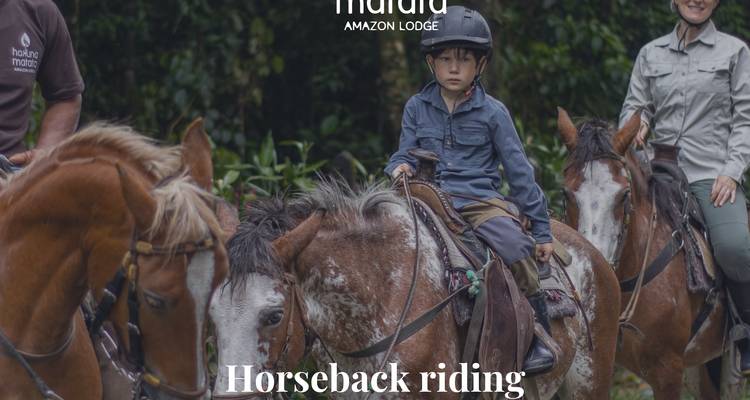 Image promotionnelle d'enfants à cheval traversant un terrain de jungle avec texte superposé