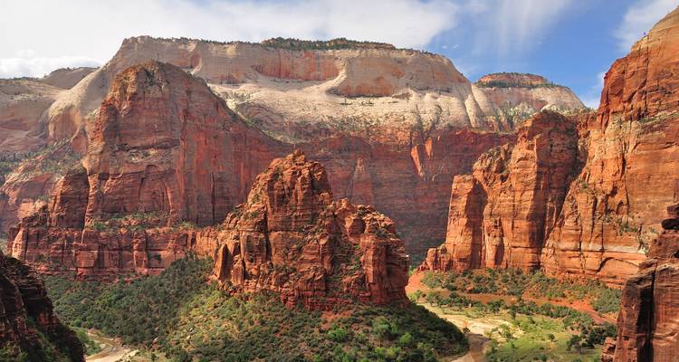 Vast red canyon walls rise above a verdant valley floor in bright daylight.