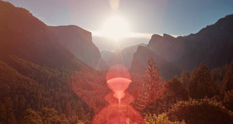 De zon gaat onder boven een mistige vallei van met dennen bedekte kliffen in Yosemite, waarbij lensflares over het uitzicht worden geworpen.