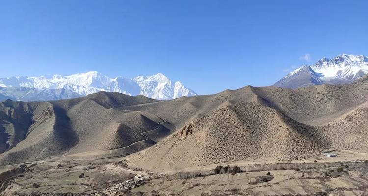Des collines arides et ondulantes sculptées par des pistes de terre sinueuses sous un ciel himalayen bleu et dégagé.