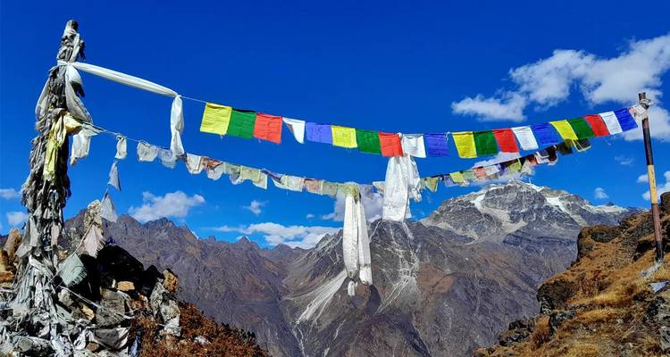 Kleurrijke gebedsvlaggen met daarachter de verre Himalaya-toppen onder een hemelsblauw.