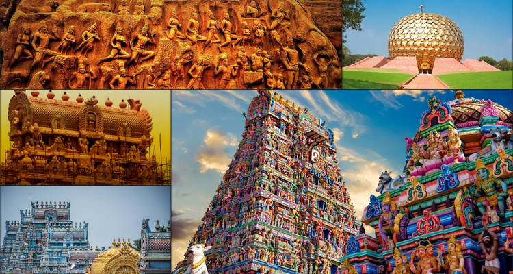 Un collage coloré d'architecture de temples du sud de l'Inde et du dôme doré du Matrimandir arrangé en six panneaux.