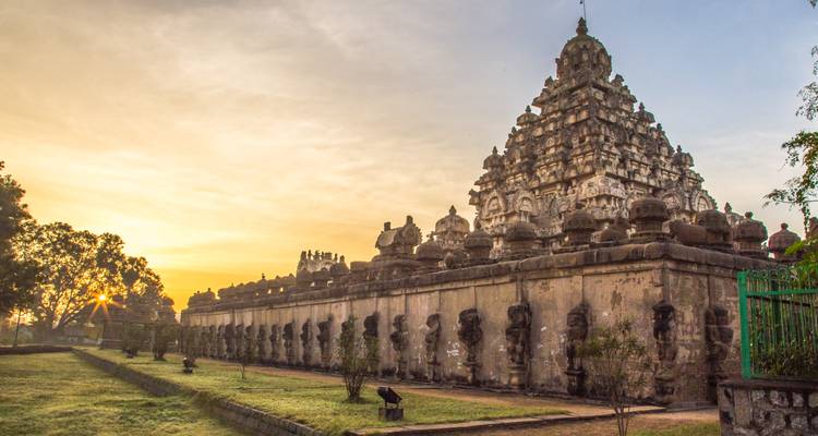 Un ancien complexe de temples en pierre aux murs sculptés baigne dans la douce lumière matinale sous un ciel pastel.