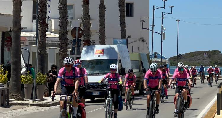 Une file de cyclistes roule le long d'une promenade en bord de mer bordée de palmiers et de boutiques.