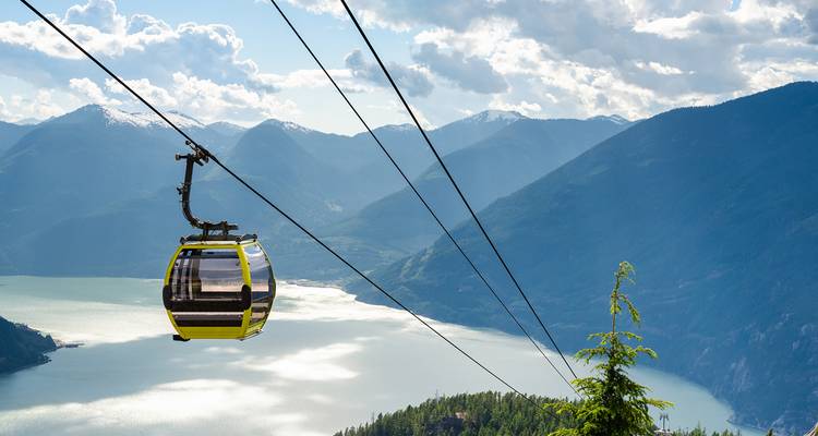 Bright yellow gondola glides high above a fjord-like inlet with distant snowy peaks.