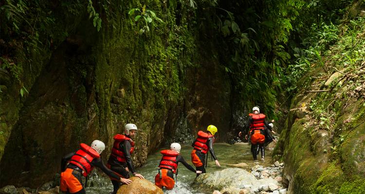 Des aventuriers portant des casques et des gilets de sauvetage traversent un étroit ruisseau de canyon dans la jungle.