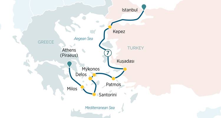 Illustrated route map showing a cruise itinerary through Greece and Turkey.