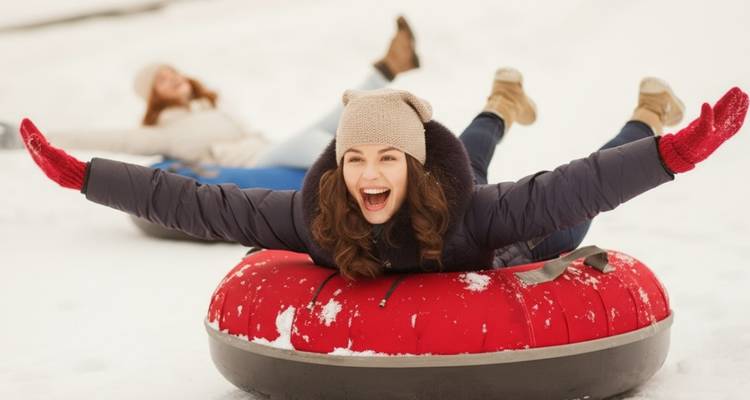 Young woman laughing while sliding head-first on a red snow tube with friend in background.