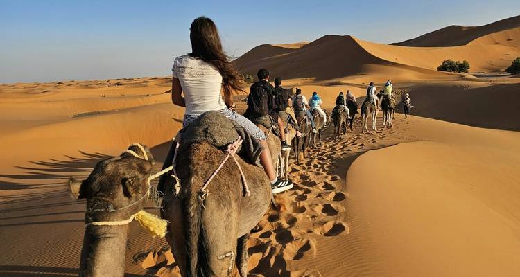 Caravane de touristes montant des chameaux en file indienne à travers les dunes dorées du désert.