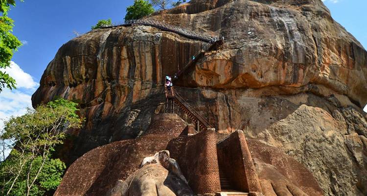 Visitors climbing steep wooden stairs fixed to the sheer face of Sigiriya Rock Fortress