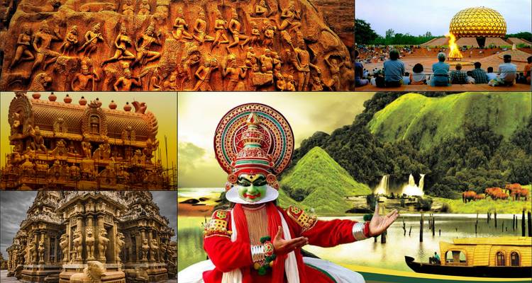Colorful promotional collage showcasing South Indian temples, Kathakali dancer, green hills and houseboat scenes.