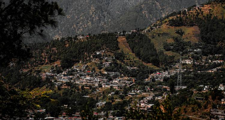 Hillside townscape with clusters of houses and forested slopes in dramatic light