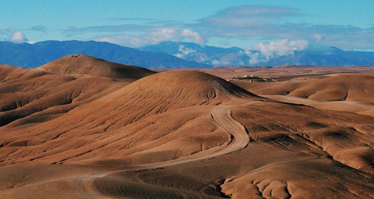 Vista panorámica de colinas desérticas ondulantes y áridas con cordillera distante y cielo abierto.
