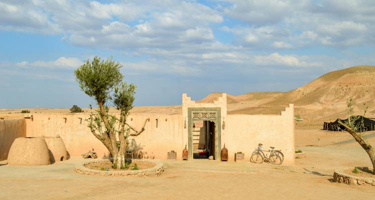 Patio tradicional de albergue de adobe en el desierto con olivo, bicicleta y colinas doradas distantes.