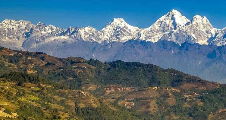 Panoramisch uitzicht op met sneeuw bedekte Himalaya-toppen boven glooiende groene heuvels onder een heldere blauwe hemel.