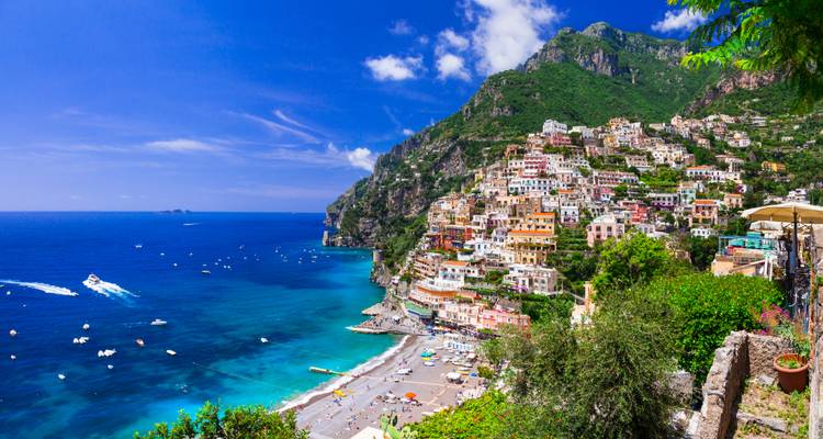 Iconic cliffside village of Positano cascading to the turquoise Amalfi Coast.