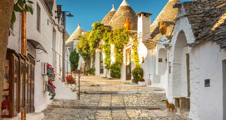 Quaint stone street lined with white-washed trulli houses in Alberobello under clear skies.
