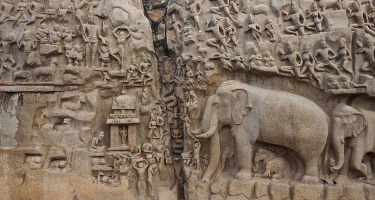 Gedetailleerd stenen reliëf van olifanten en goden uitgehouwen in rotswand bij Mahabalipuram