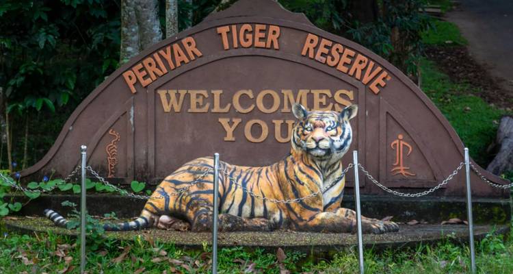 Entrance sign featuring a sculpted tiger welcoming visitors to Periyar Tiger Reserve amid forest greenery.