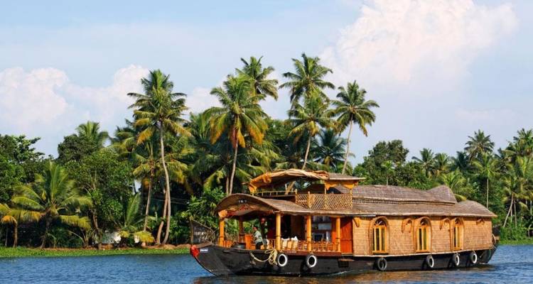 Traditional wooden houseboat cruising Kerala backwaters lined with lush palm trees under a clear sky.