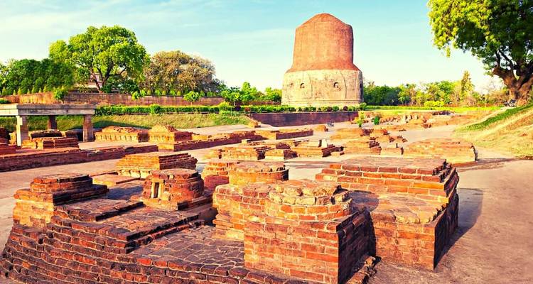 Zonovergoten ruïnes en bakstenen fundamenten van een oud kloostercomplex met de massieve Dhamek Stupa die erachter oprijst.