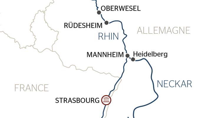 Carte simplifiée montrant un itinéraire de croisière le long du Rhin et du Neckar entre Strasbourg et Oberwesel.