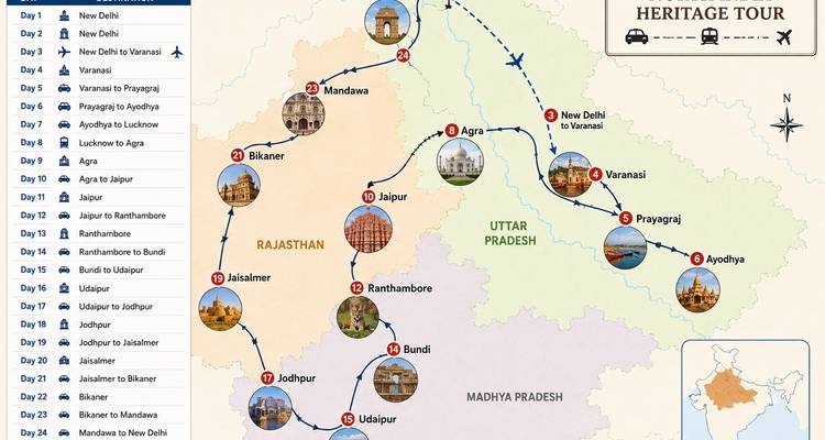 Illustrierte Reisekarte einer Indienreise durch Kulturerbestätten mit Routen, Symbolen und täglichen Haltepunkten