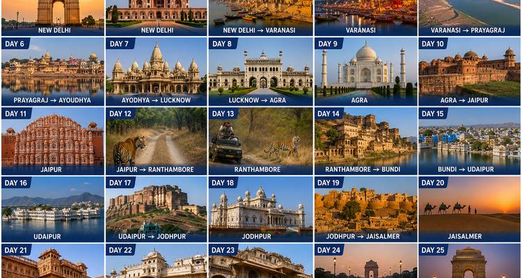Grafische Reiseverlauf-Tabelle mit täglichen Fotos und Texten für einen Indien-Reiseplan.